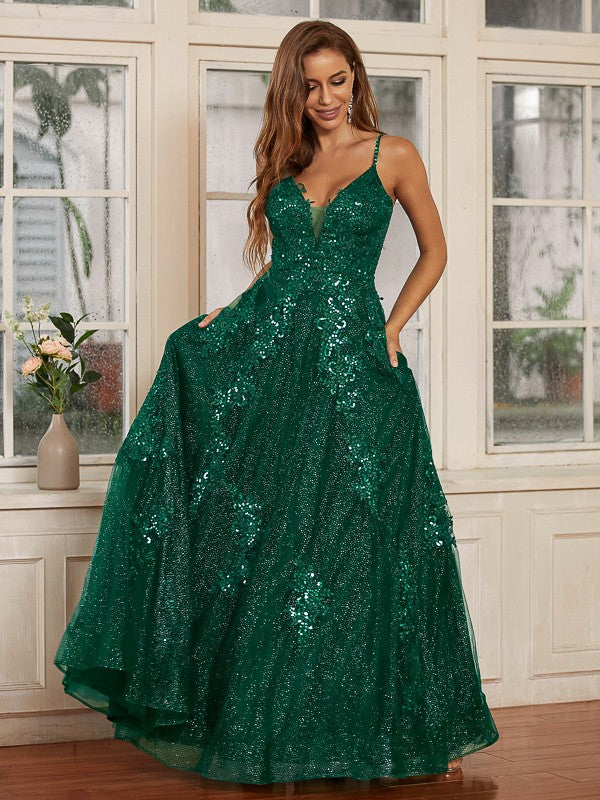 A-Line/Princess Lace Applique V-neck Sleeveless Floor-Length Dresses Prom Evening Dress
