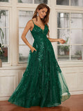 A-Line/Princess Lace Applique V-neck Sleeveless Floor-Length Dresses Prom Evening Dress