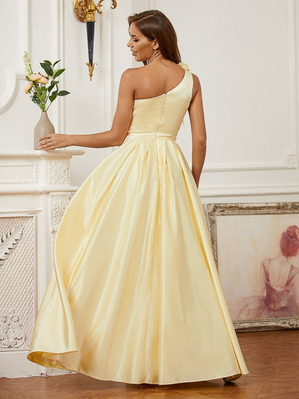 A-Line/Princess Satin Hand-Made Flower One-Shoulder Sleeveless Floor-Length Dresses Prom Evening Dress