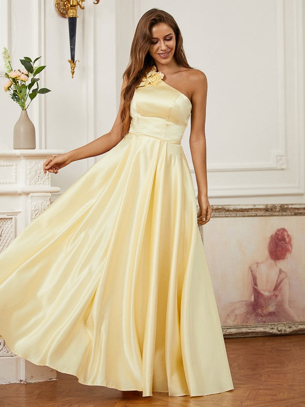 A-Line/Princess Satin Hand-Made Flower One-Shoulder Sleeveless Floor-Length Dresses Prom Evening Dress