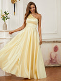 A-Line/Princess Satin Hand-Made Flower One-Shoulder Sleeveless Floor-Length Dresses Prom Evening Dress