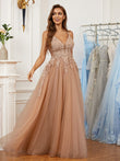 A-Line/Princess Tulle Applique V-neck Sleeveless Floor-Length Evening Dresses Prom Dress
