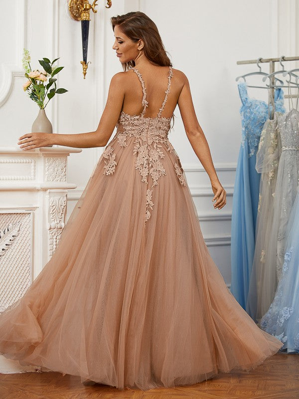 A-Line/Princess Tulle Applique V-neck Sleeveless Floor-Length Evening Dresses Prom Dress