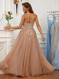 A-Line/Princess Tulle Applique V-neck Sleeveless Floor-Length Evening Dresses Prom Dress