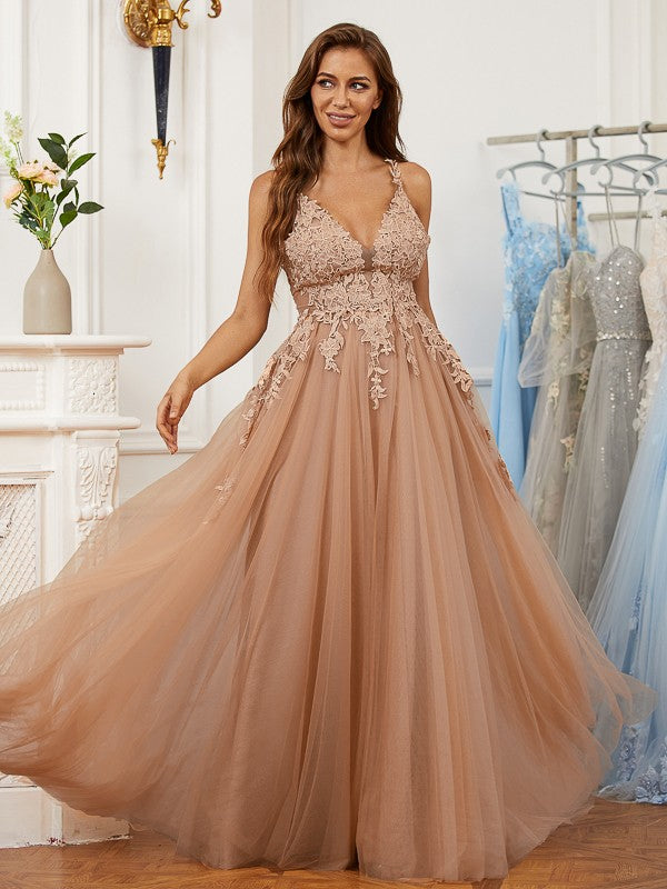 A-Line/Princess Tulle Applique V-neck Sleeveless Floor-Length Evening Dresses Prom Dress