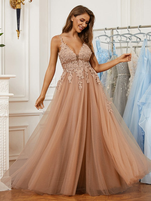 A-Line/Princess Tulle Applique V-neck Sleeveless Floor-Length Evening Dresses Prom Dress