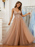 A-Line/Princess Tulle Applique V-neck Sleeveless Floor-Length Evening Dresses Prom Dress