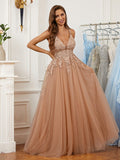 A-Line/Princess Tulle Applique V-neck Sleeveless Floor-Length Evening Dresses Prom Dress