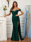 Sheath/Column Silk like Satin Ruched Off-the-Shoulder Sleeveless Sweep/Brush Train Dresses Prom Evening Dress