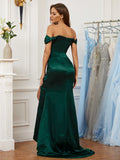 Sheath/Column Silk like Satin Ruched Off-the-Shoulder Sleeveless Sweep/Brush Train Dresses Prom Evening Dress