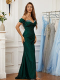 Sheath/Column Silk like Satin Ruched Off-the-Shoulder Sleeveless Sweep/Brush Train Dresses Prom Evening Dress