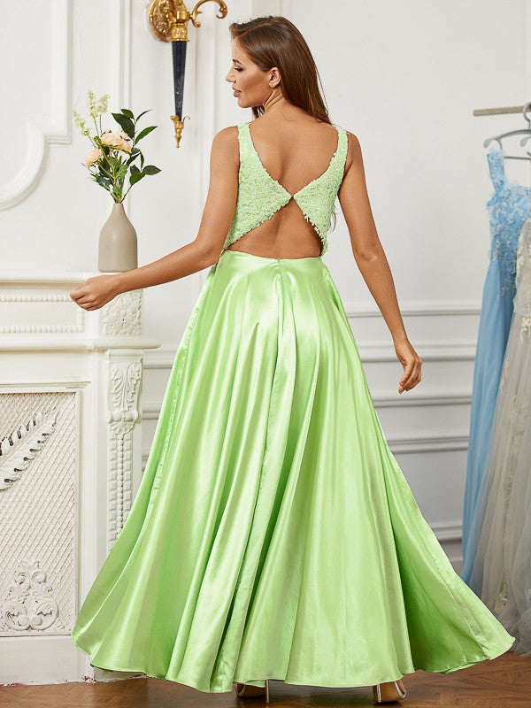 Vestido de noche de graduación con corte A/princesa, de satén con efecto seda, encaje, escote en V, sin mangas y largo hasta el suelo