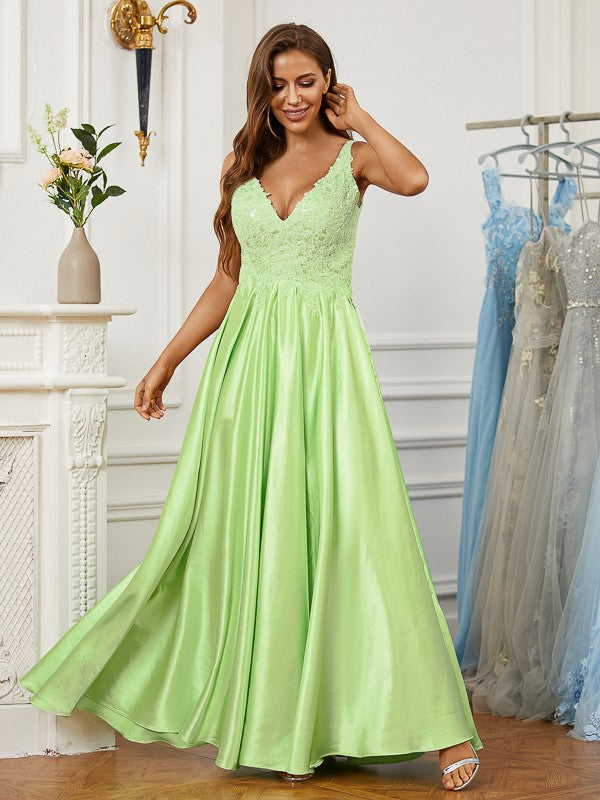 Vestido de noche de graduación con corte A/princesa, de satén con efecto seda, encaje, escote en V, sin mangas y largo hasta el suelo