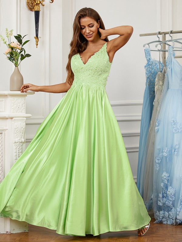 Vestido de noche de graduación con corte A/princesa, de satén con efecto seda, encaje, escote en V, sin mangas y largo hasta el suelo