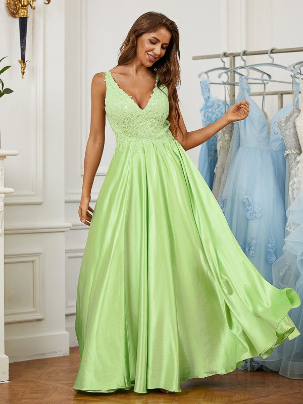 Vestido de noche de graduación con corte A/princesa, de satén con efecto seda, encaje, escote en V, sin mangas y largo hasta el suelo