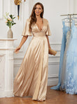 A-Line/Princess Silk like Satin Ruched V-neck Short Sleeves Floor-Length Dresses Prom Evening Dress