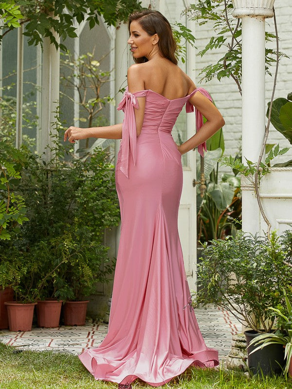 Sheath/Column Jersey Ruched Off-the-Shoulder Sleeveless Sweep/Brush Train Bridesmaid Dresses Evening Prom Dress