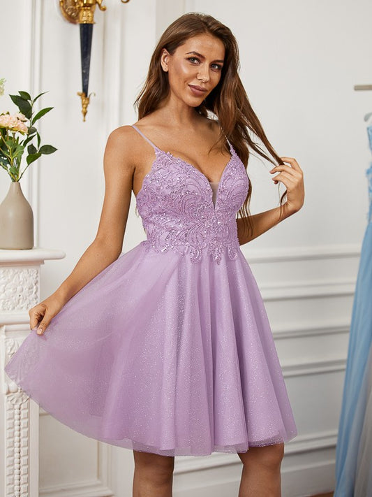 A-Line/Princess Lace V-neck Sleeveless Short/Mini Dresses Prom Homecoming Dress