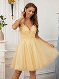 A-Line/Princess Lace V-neck Sleeveless Short/Mini Dresses Prom Homecoming Dress