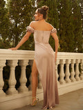 Sheath/Column Silk like Satin Ruched Off-the-Shoulder Short Sleeves Floor-Length Dresses Prom Evening Dress