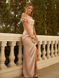 Sheath/Column Silk like Satin Ruched Off-the-Shoulder Short Sleeves Floor-Length Dresses Prom Evening Dress