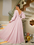 Vestido de noche para madre de la novia, corte A/princesa, de gasa, con volantes, escote en V, mangas largas y largo hasta el suelo.