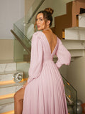 Vestido de noche para madre de la novia, corte A/princesa, de gasa, con volantes, escote en V, mangas largas y largo hasta el suelo.