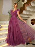 A-Linie/Princess-Linie Tüll Rüschen V-Ausschnitt Ärmellos Bodenlang Kleider Ball-/Abendkleid