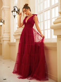 A-Line/Princess Tulle Ruffles V-neck Sleeveless Sweep/Brush Train Dresses Prom Evening Dress