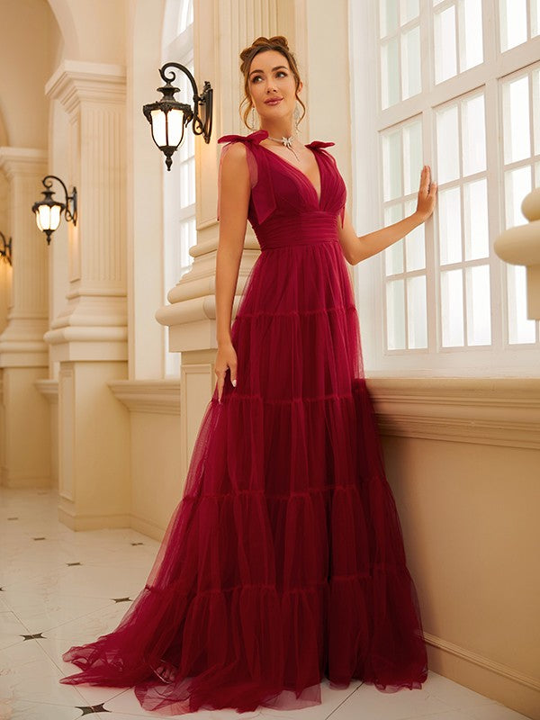 A-Line/Princess Tulle Ruffles V-neck Sleeveless Sweep/Brush Train Dresses Prom Evening Dress