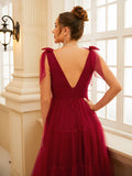 A-Line/Princess Tulle Ruffles V-neck Sleeveless Sweep/Brush Train Dresses Prom Evening Dress