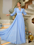 Vestido de noche para madre de la novia, corte A/princesa, de gasa, fruncido, escote en V, mangas largas y largo hasta el suelo.
