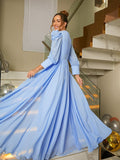 Vestido de noche para madre de la novia, corte A/princesa, de gasa, fruncido, escote en V, mangas largas y largo hasta el suelo.