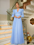 Vestido de noche para madre de la novia, corte A/princesa, de gasa, fruncido, escote en V, mangas largas y largo hasta el suelo.