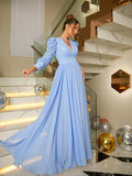 Vestido de noche para madre de la novia, corte A/princesa, de gasa, fruncido, escote en V, mangas largas y largo hasta el suelo.