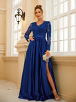 Vestido de noche para madre de la novia, corte A/princesa, satén, encaje, escote en V, mangas largas, largo hasta el suelo