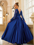 Vestido de noche para madre de la novia, corte A/princesa, satén, encaje, escote en V, mangas largas, largo hasta el suelo