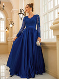 Vestido de noche para madre de la novia, corte A/princesa, satén, encaje, escote en V, mangas largas, largo hasta el suelo