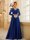 Vestido de noche para madre de la novia, corte A/princesa, satén, encaje, escote en V, mangas largas, largo hasta el suelo