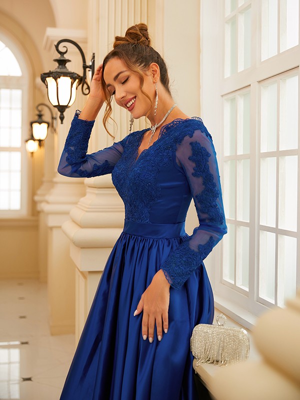 Vestido de noche para madre de la novia, corte A/princesa, satén, encaje, escote en V, mangas largas, largo hasta el suelo