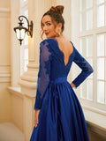 Vestido de noche para madre de la novia, corte A/princesa, satén, encaje, escote en V, mangas largas, largo hasta el suelo