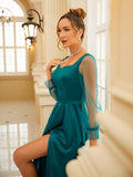 Vestido de fiesta de noche para madre de la novia, corte A/princesa, con volantes, mangas largas y cuadrados, largo hasta el suelo