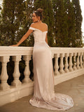 Sheath/Column Silk like Satin Ruched Off-the-Shoulder Sleeveless Sweep/Brush Train Dresses Prom Evening Dress
