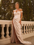 Sheath/Column Silk like Satin Ruched Off-the-Shoulder Sleeveless Sweep/Brush Train Dresses Prom Evening Dress