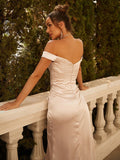 Sheath/Column Silk like Satin Ruched Off-the-Shoulder Sleeveless Sweep/Brush Train Dresses Prom Evening Dress