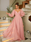A-Line/Princess 30D Chiffon Ruched V-neck Long Sleeves Floor-Length Dresses Evening Prom Dress