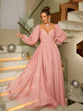 A-Line/Princess 30D Chiffon Ruched V-neck Long Sleeves Floor-Length Dresses Evening Prom Dress