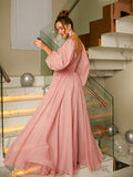 A-Line/Princess 30D Chiffon Ruched V-neck Long Sleeves Floor-Length Dresses Evening Prom Dress