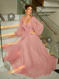A-Line/Princess 30D Chiffon Ruched V-neck Long Sleeves Floor-Length Dresses Evening Prom Dress