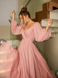 A-Line/Princess 30D Chiffon Ruched V-neck Long Sleeves Floor-Length Dresses Evening Prom Dress